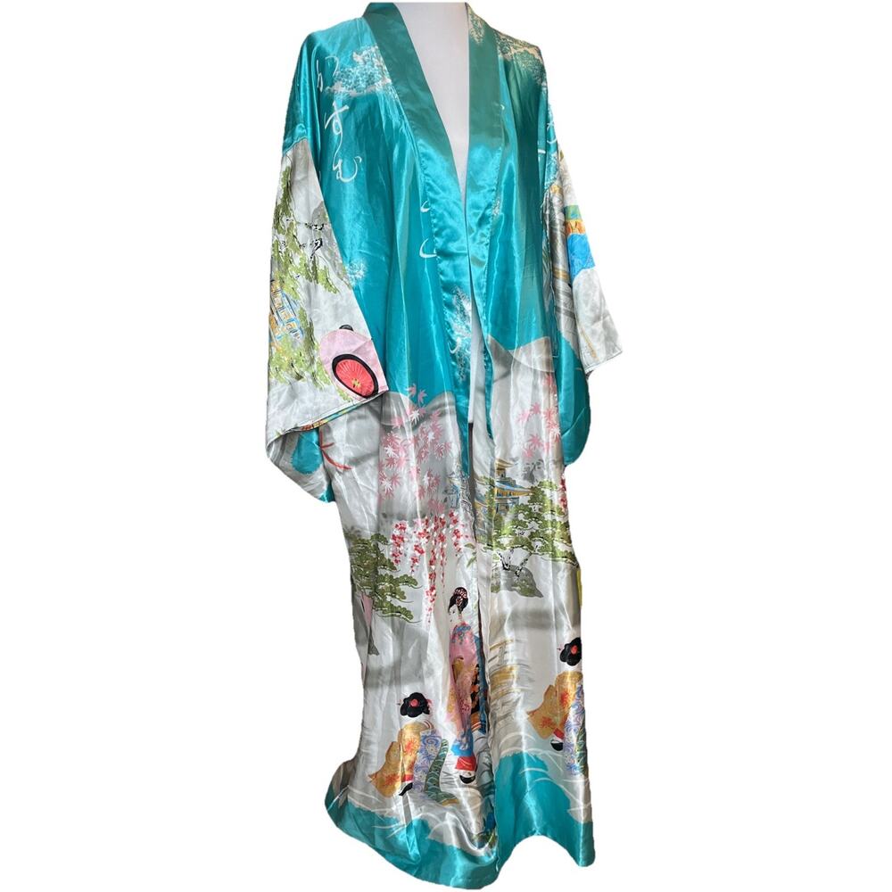 Beautiful Japanese Long Kimono Teal Gray Pink by Julin Co.Ltd. Kyoto - No Tie
